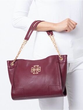 TORY BURCH Britten Tote Slouchy Pebble Leather, Burgundy